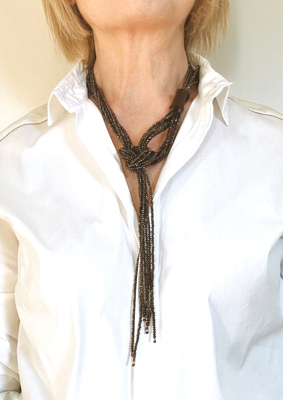 Brown Crystal Lariat Necklace: Tie Necklace, Genuine Leather, Handmade