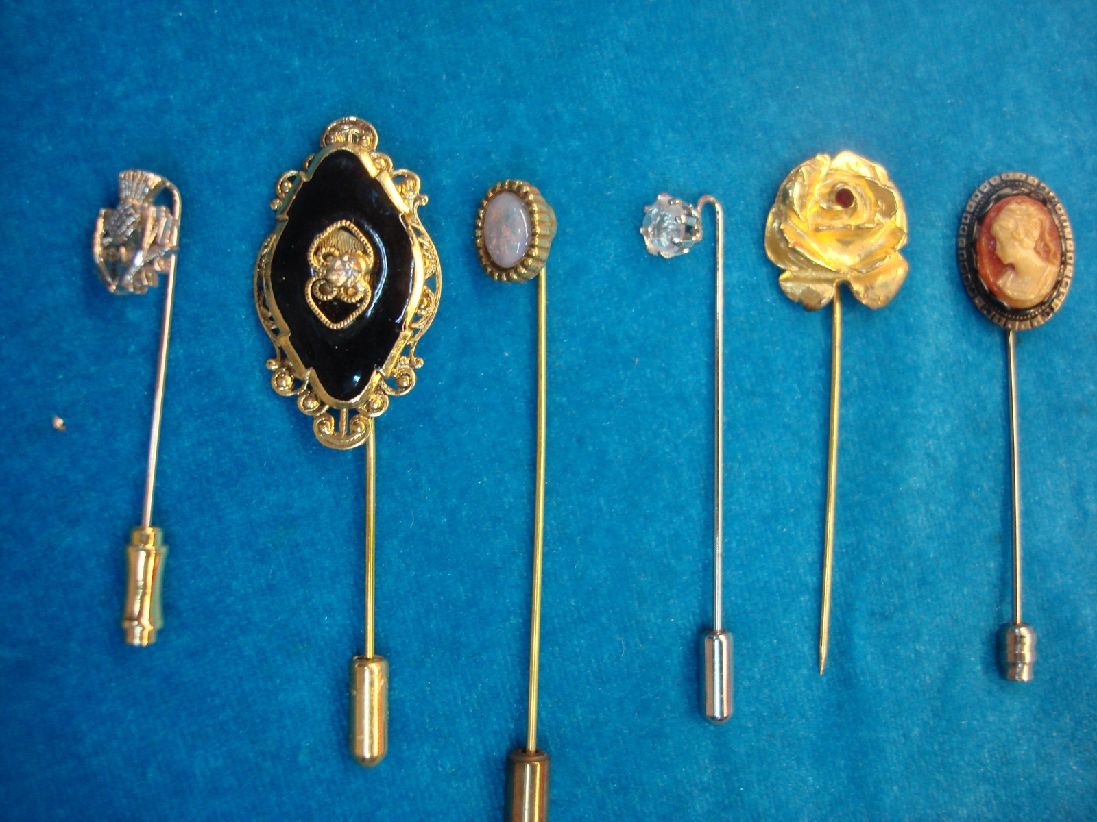 6 DIFF. VINTAGE STICK PINS – PRETTY!