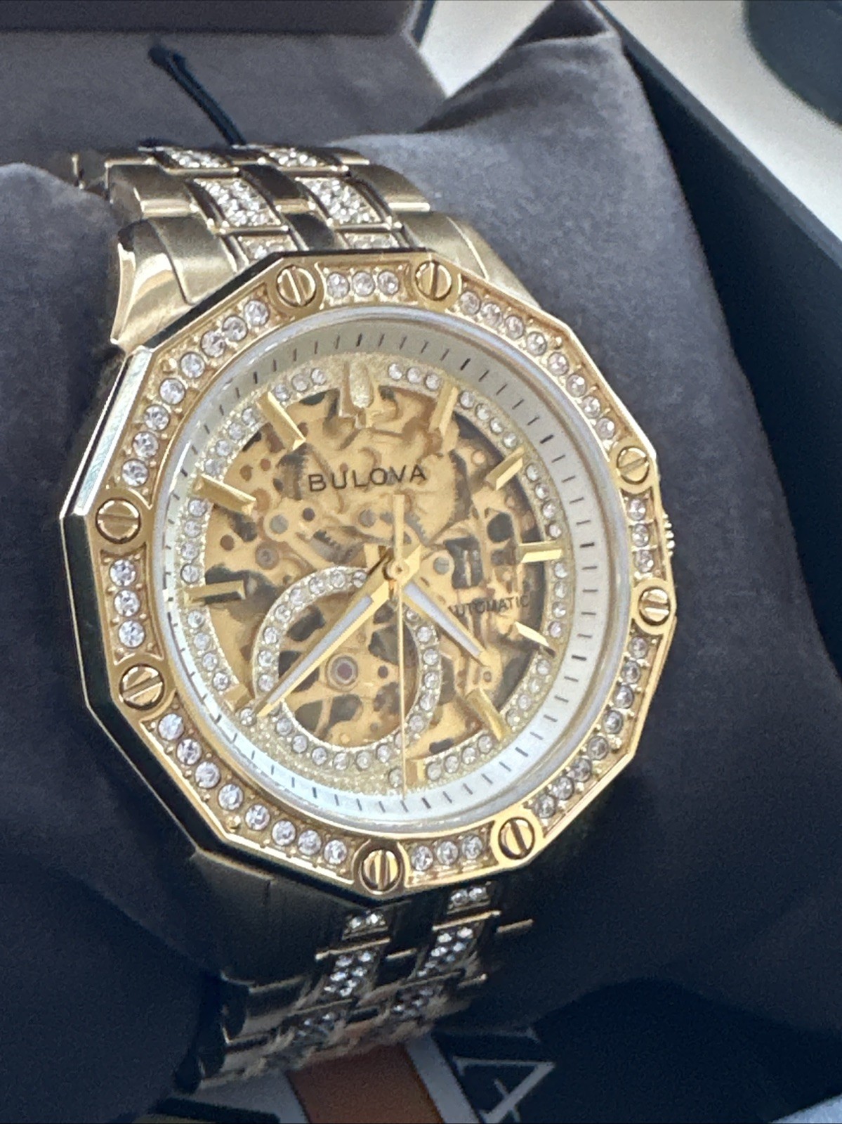 Bulova Men’s Crystal Automatic Skeleton Gold Stainless Steel Watch 42 MM 98A292