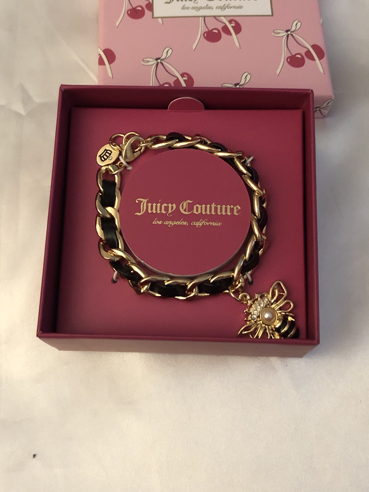 Juicy Couture Gold Tone & Woven Black Faux Leather Charm Bracelet Bee Charm NIB