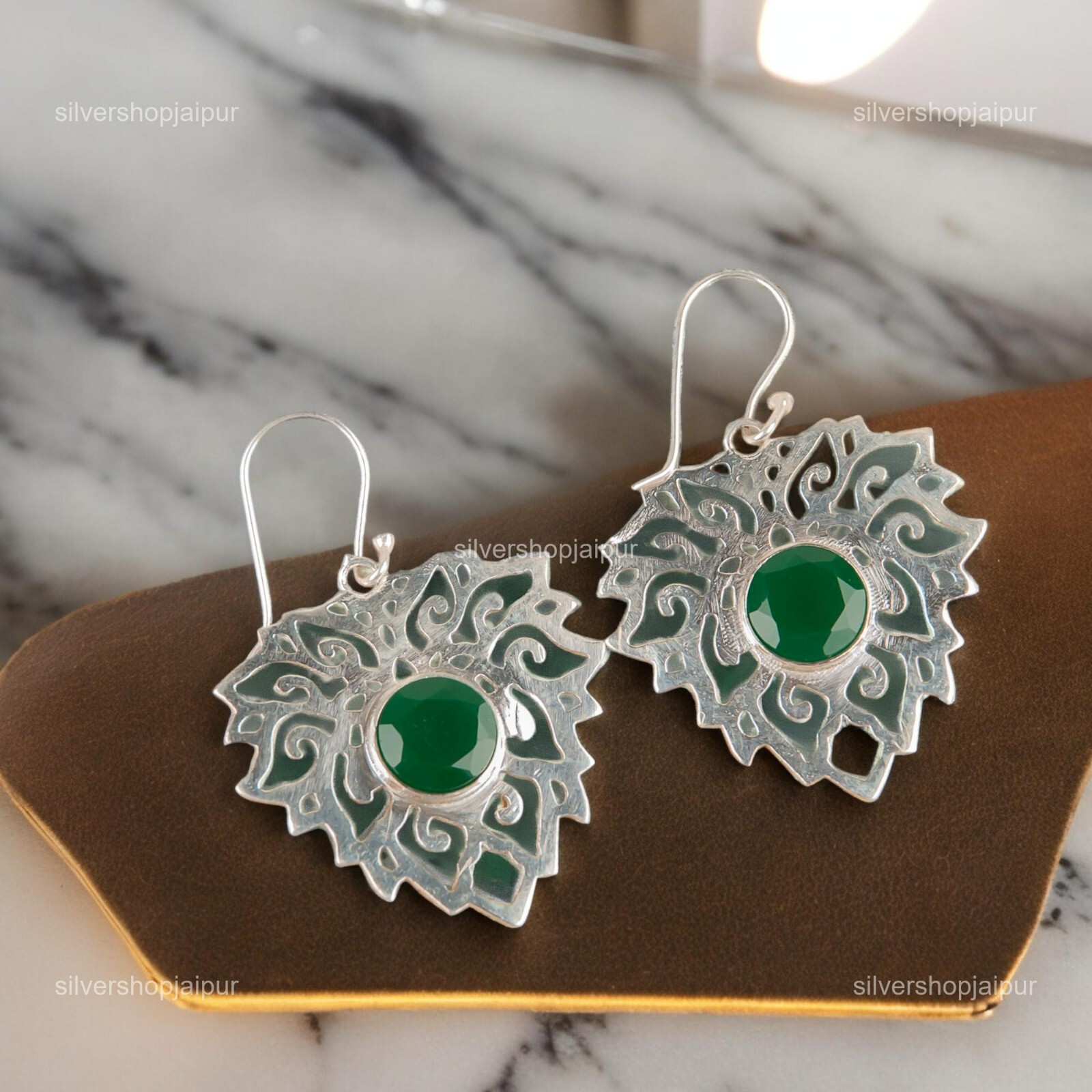 Green Onyx Filigree Dangle Earrings 925 Solid Silver Handmade Jewelry For Gift