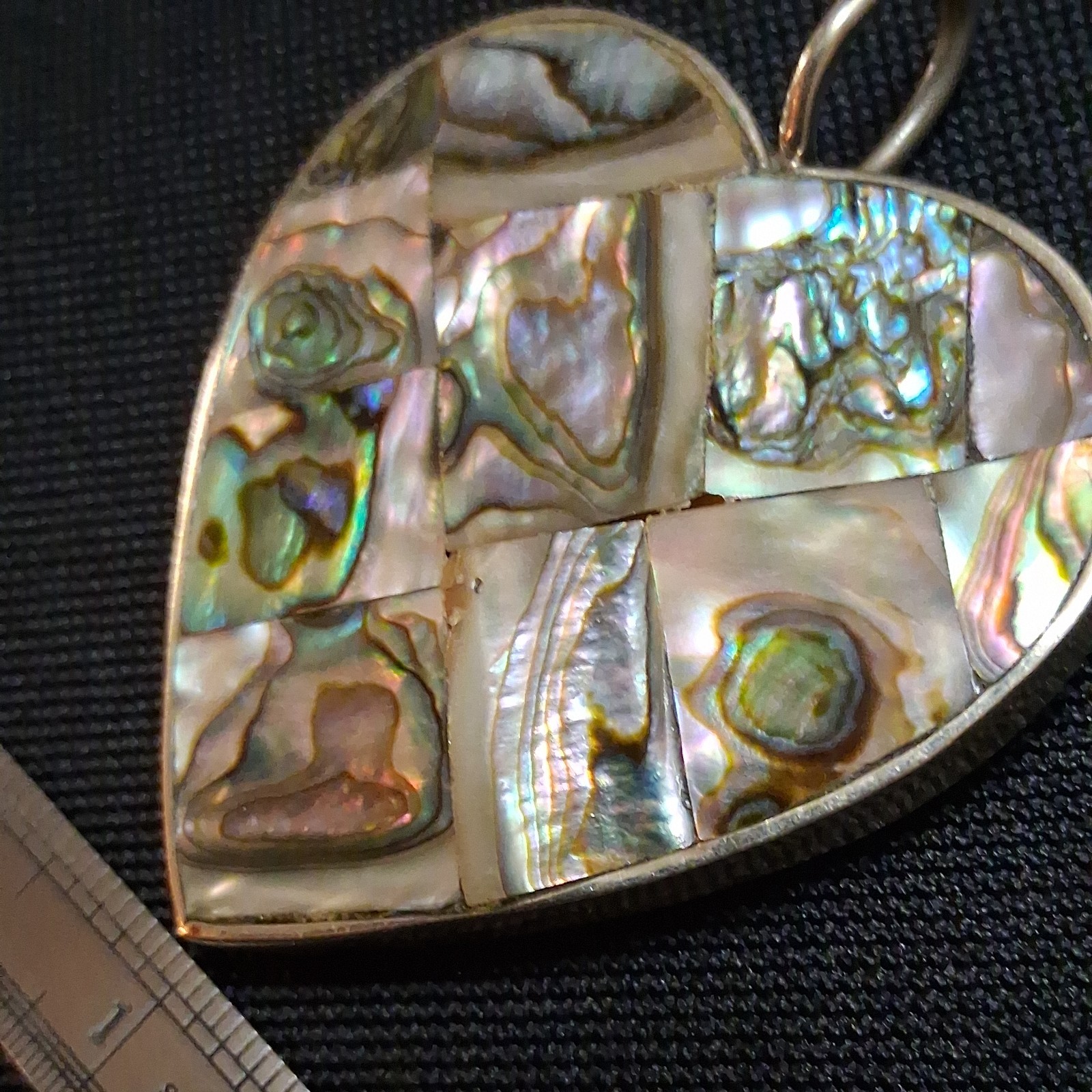 BIG TAXCO MEXICO HEART ABALONE SHELL DOUBLE SIDE REVERSIBLE PENDANT 925 STERLING