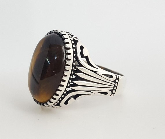 Solid 925 Sterling Silver Natural Tiger’s Eye Oval Gemstone Men’s Unisex Ring