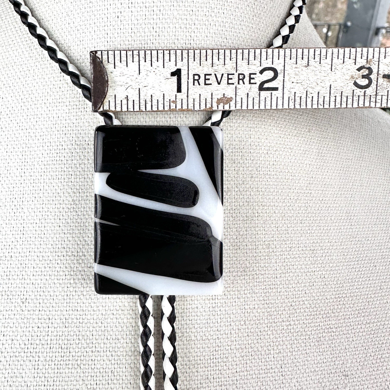Stunning Vintage Black & White Artist Signed Fused Glass Western Bolo Tie