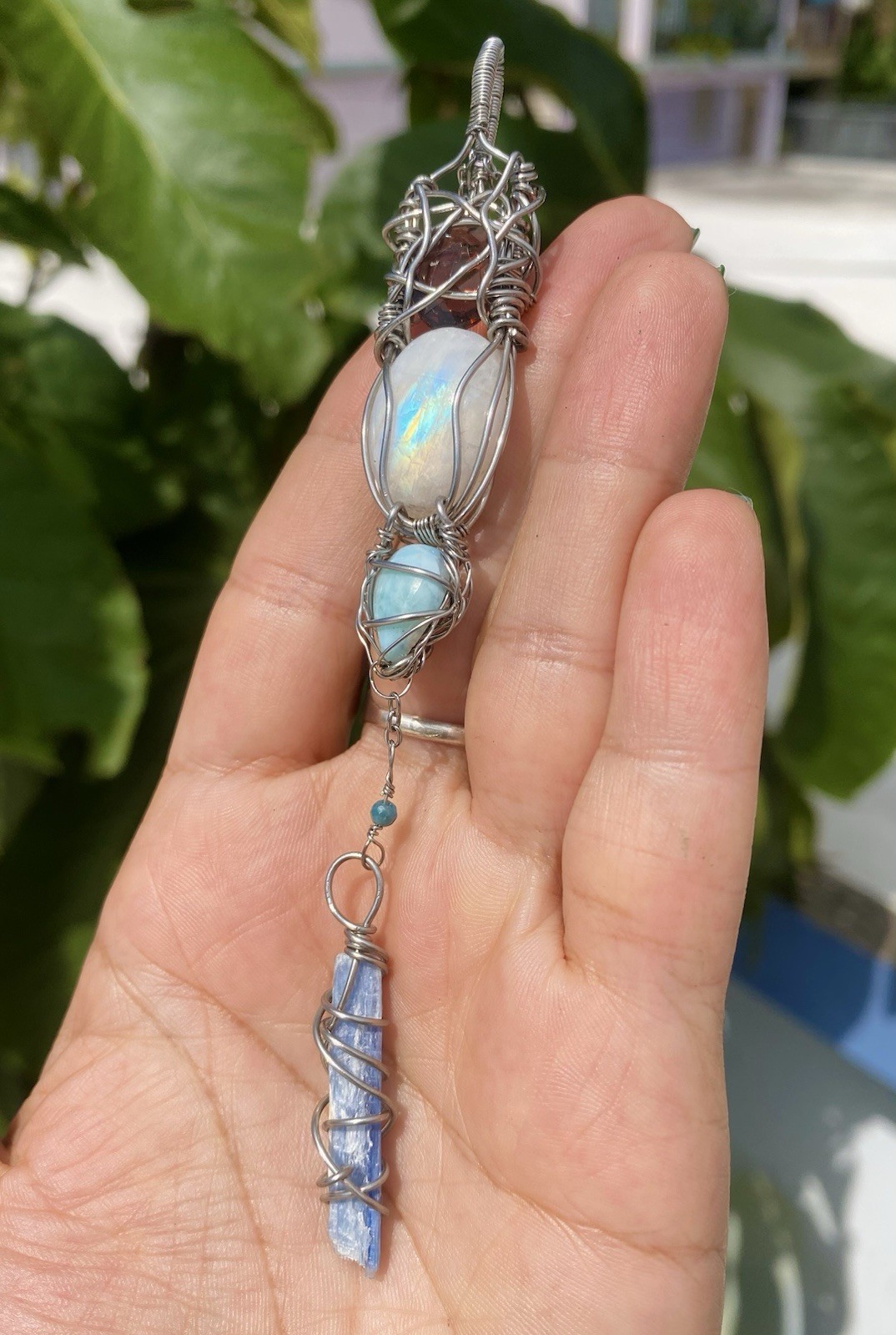 Rainbow Moonstone, Larimar & Kyanite Necklace Amethyst & Blue Apatite Steel