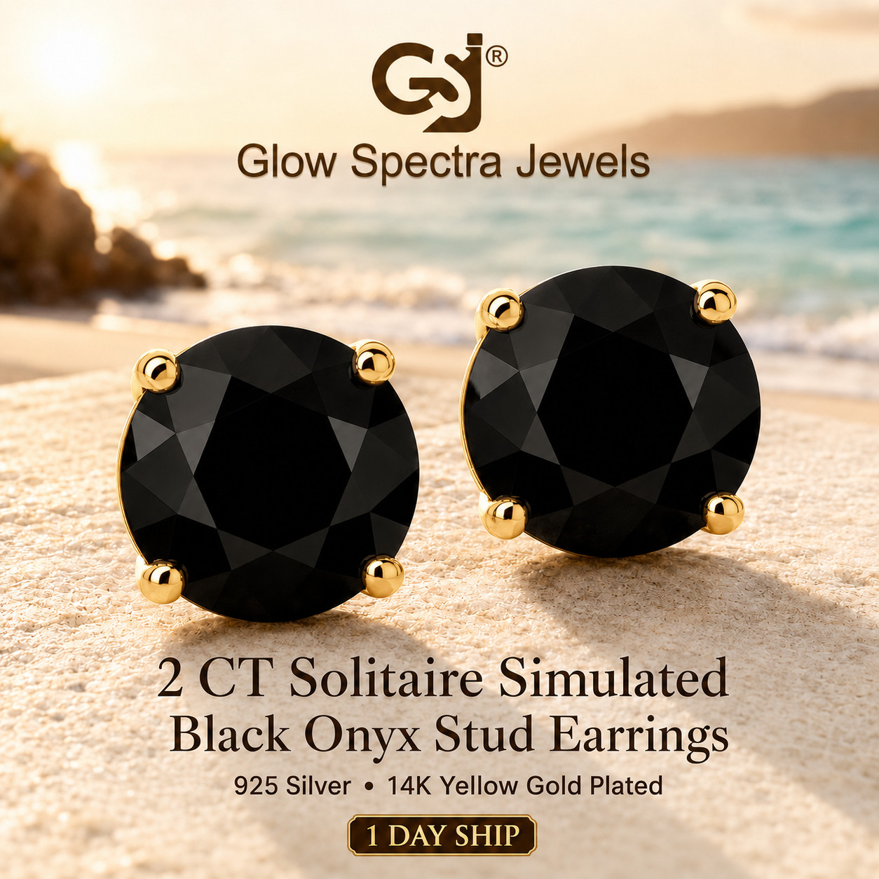 2CT Solitaire Black Onex Diamond Stud Erring 925 Silver 14k yellow Gold Plated