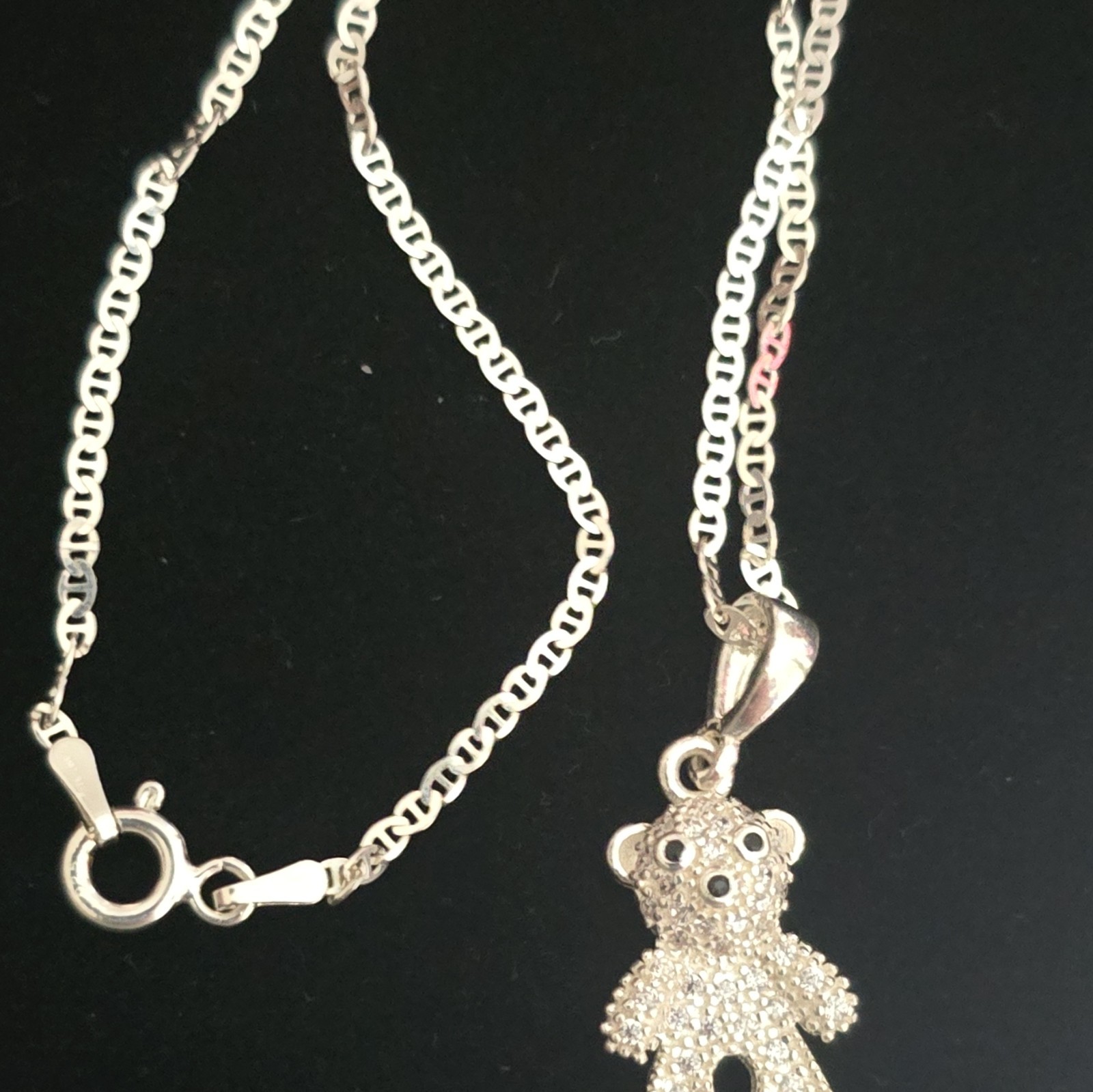 Italian 925 Sterling Mariner Chain W/Iced 925 Sterling Teddy Bear Pendant
