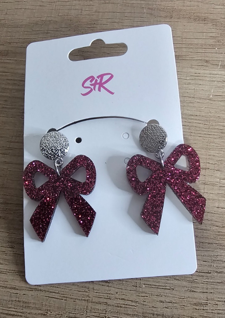 Sandy Rizzo Dangle Dark Pink Bows Lightweight Earrings Silver Girly NEW