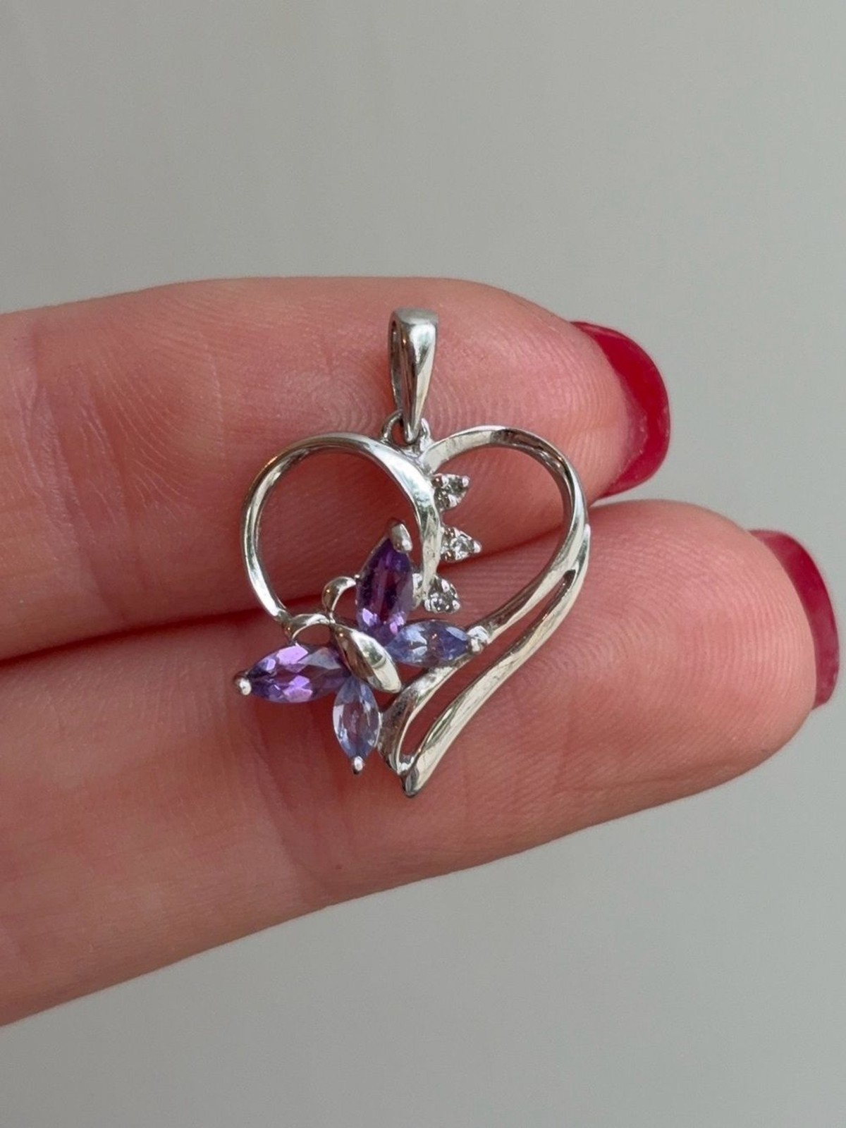 10k White Gold Diamond Tanzanite Amethyst Gemstone Butterfly Heart Pendant Charm