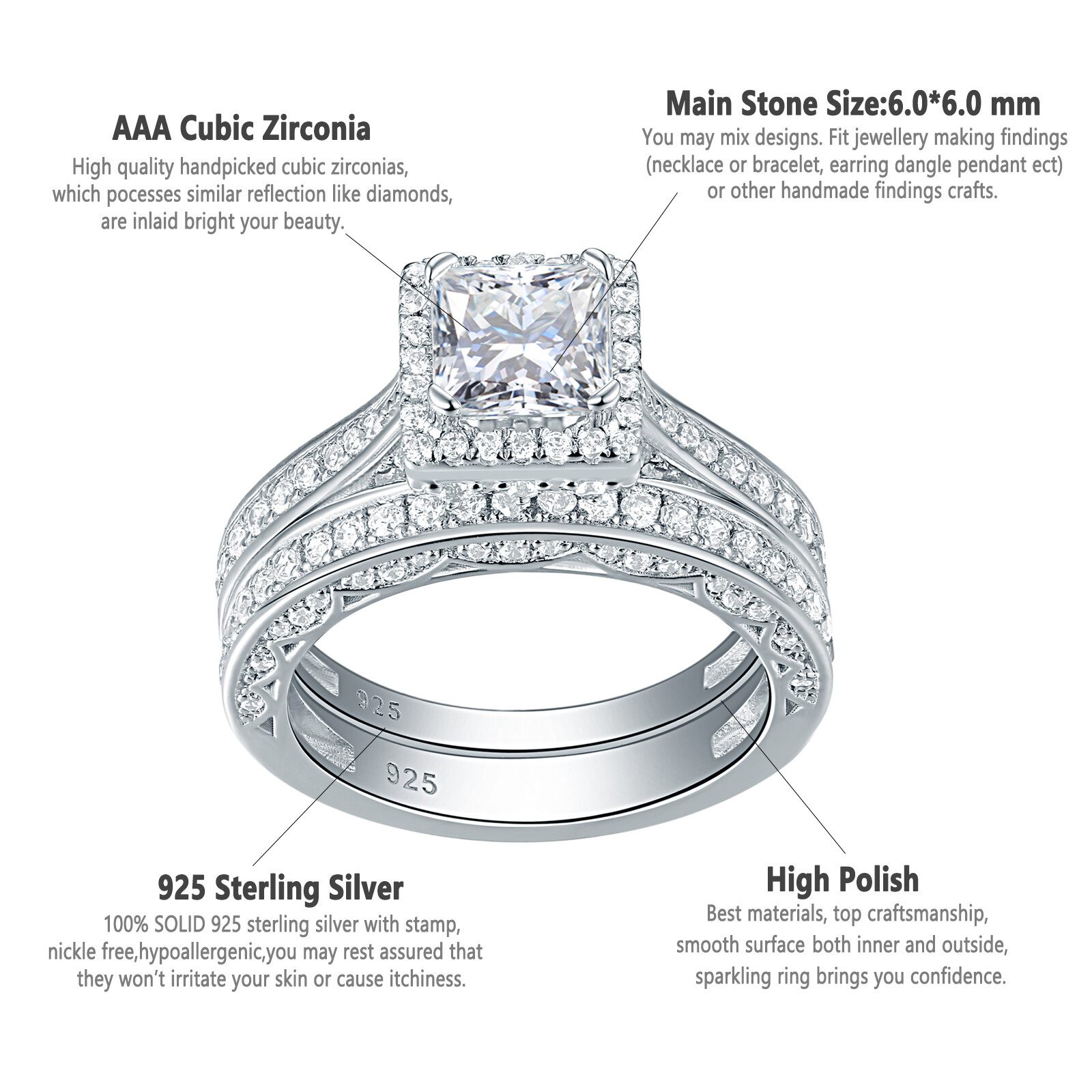 Women 2ct Princess AAAA Cz 925 Sterling Silver Wedding Engagement Ring Set 4-13