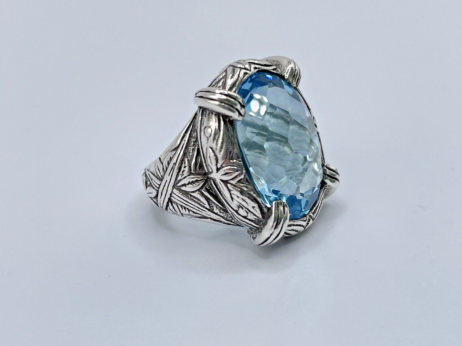 Stephen Dweck Faceted Blue Topaz Ring in Engraved Sterling Silver