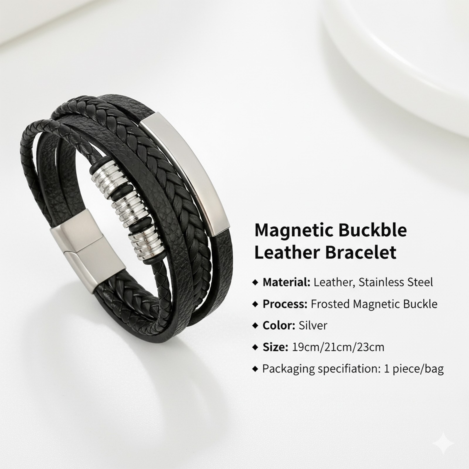 Men’s Leather Bracelet Braided Wristband Magnetic Buckle – Black Silver Gold