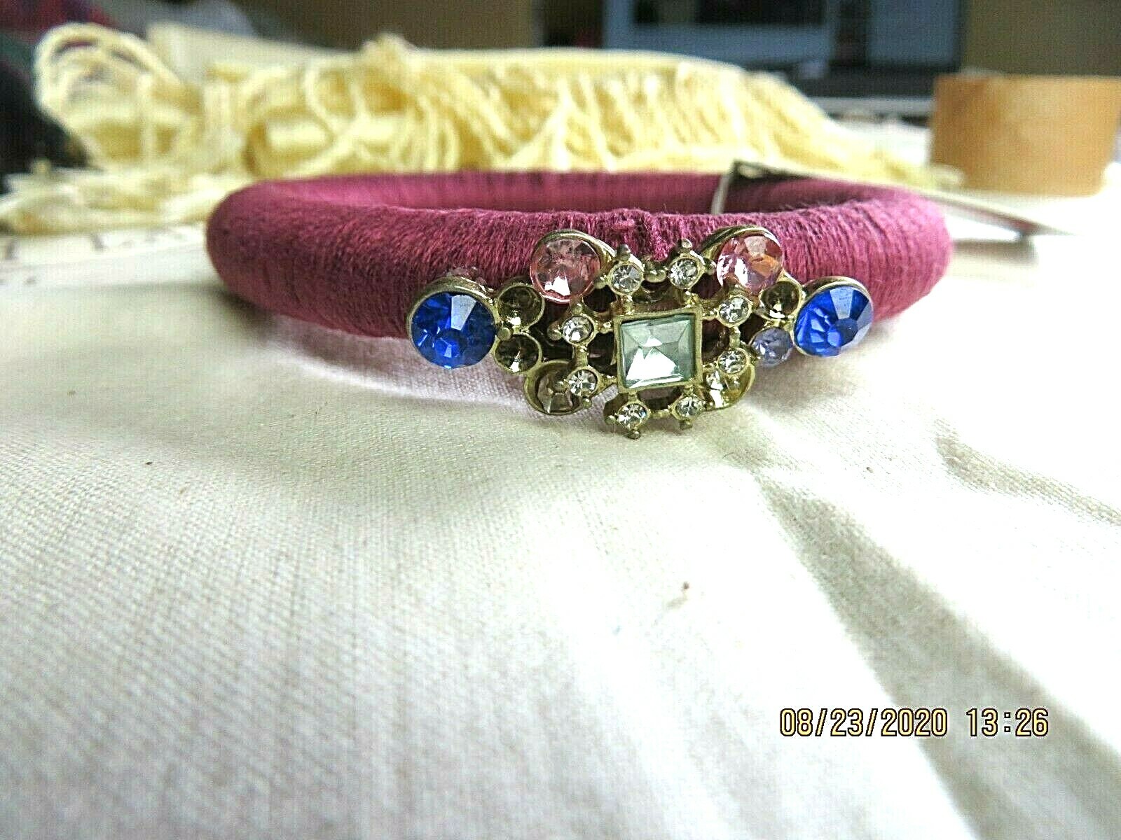 MACYS Fashion Silk Thread Wrapped Bangle Bracelet Crimson-Rose Red Beaded Center