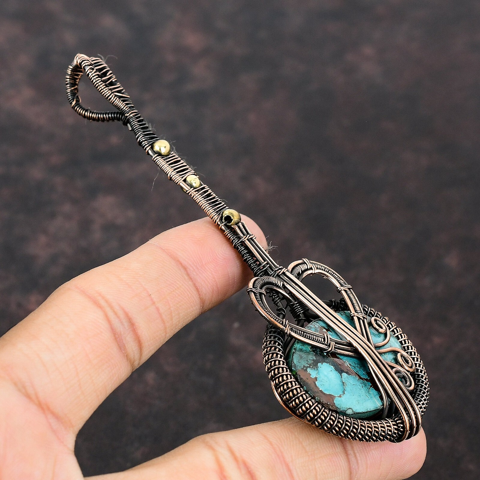 Copper Natural Tibetan Turquoise No Stone Wire Wrapped Guitar Pendant Jewelry
