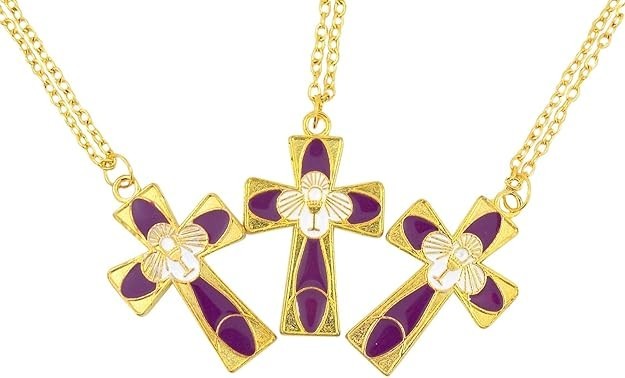 Gold Tone First Communion Cross Pendant Necklace Purple Enamel 3pk