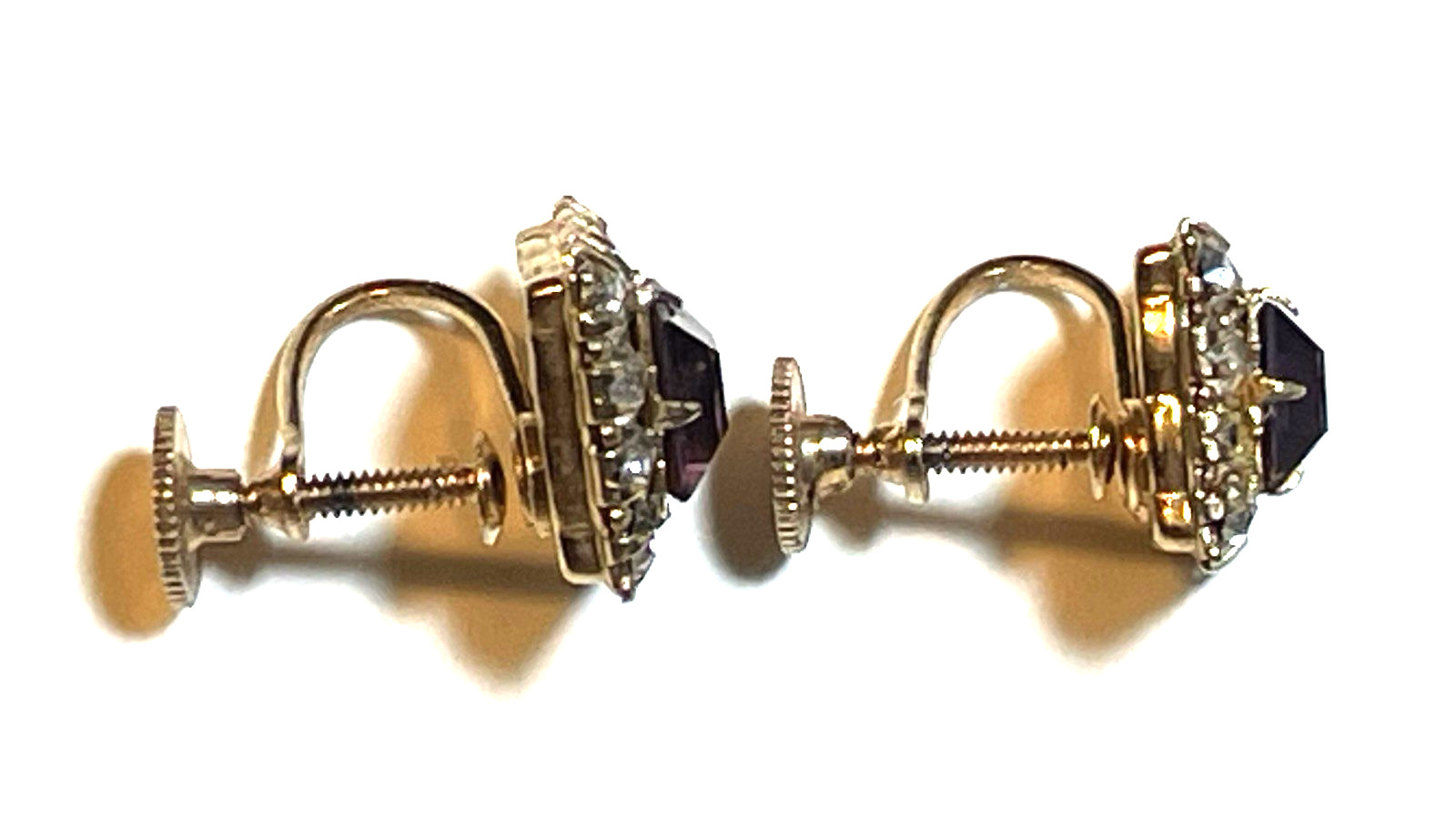 VTG PR VARGAS MANUFACTURING CO. AMETHYST & CLEAR RHINESTONE EARRINGS CIRCA 195Os