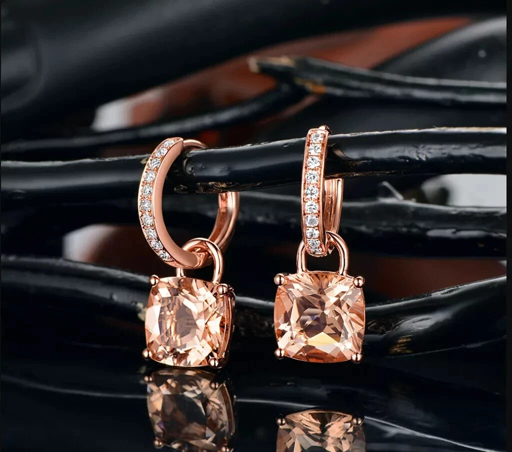 3Ct Cushion Cut Simulated Morganite Drop & Dangle Earrings 14K Rose Gold Plated
