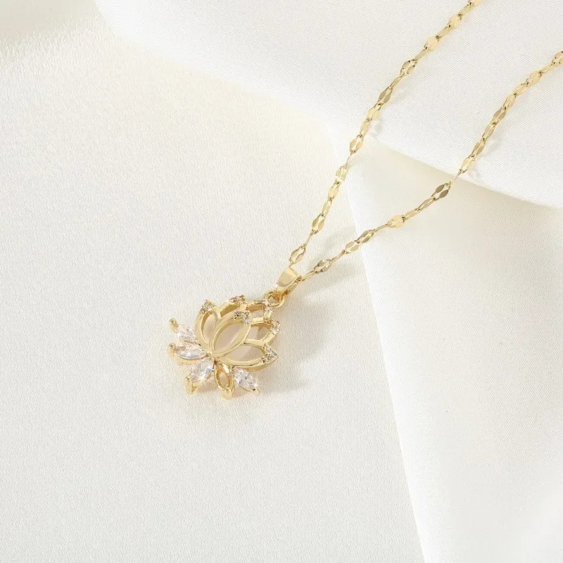 1 PC High-quality 18k Gold Electroplated Fashion Cat’s Eye Stone Lotus Necklace