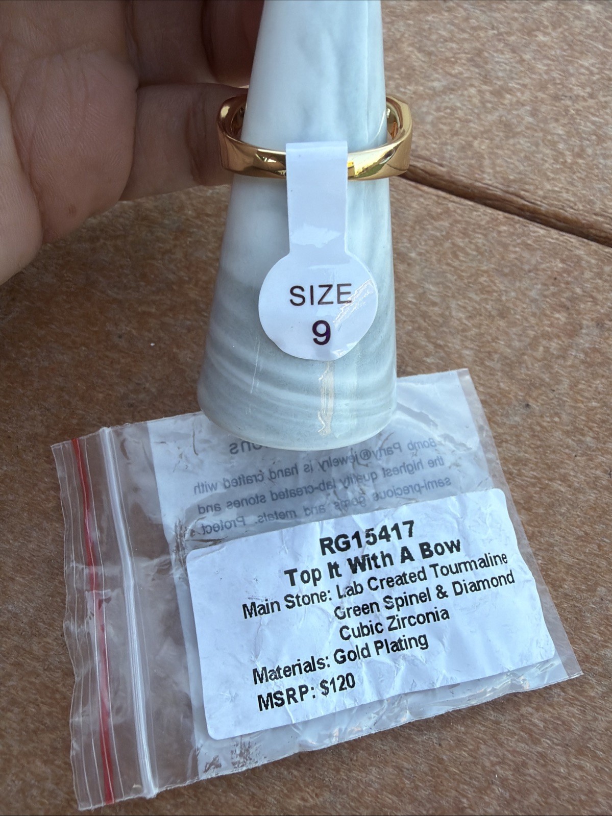 Bomb Party Size 9 Top It With A Bow Tourmaline Green Spinel & Diamond CZ Gold