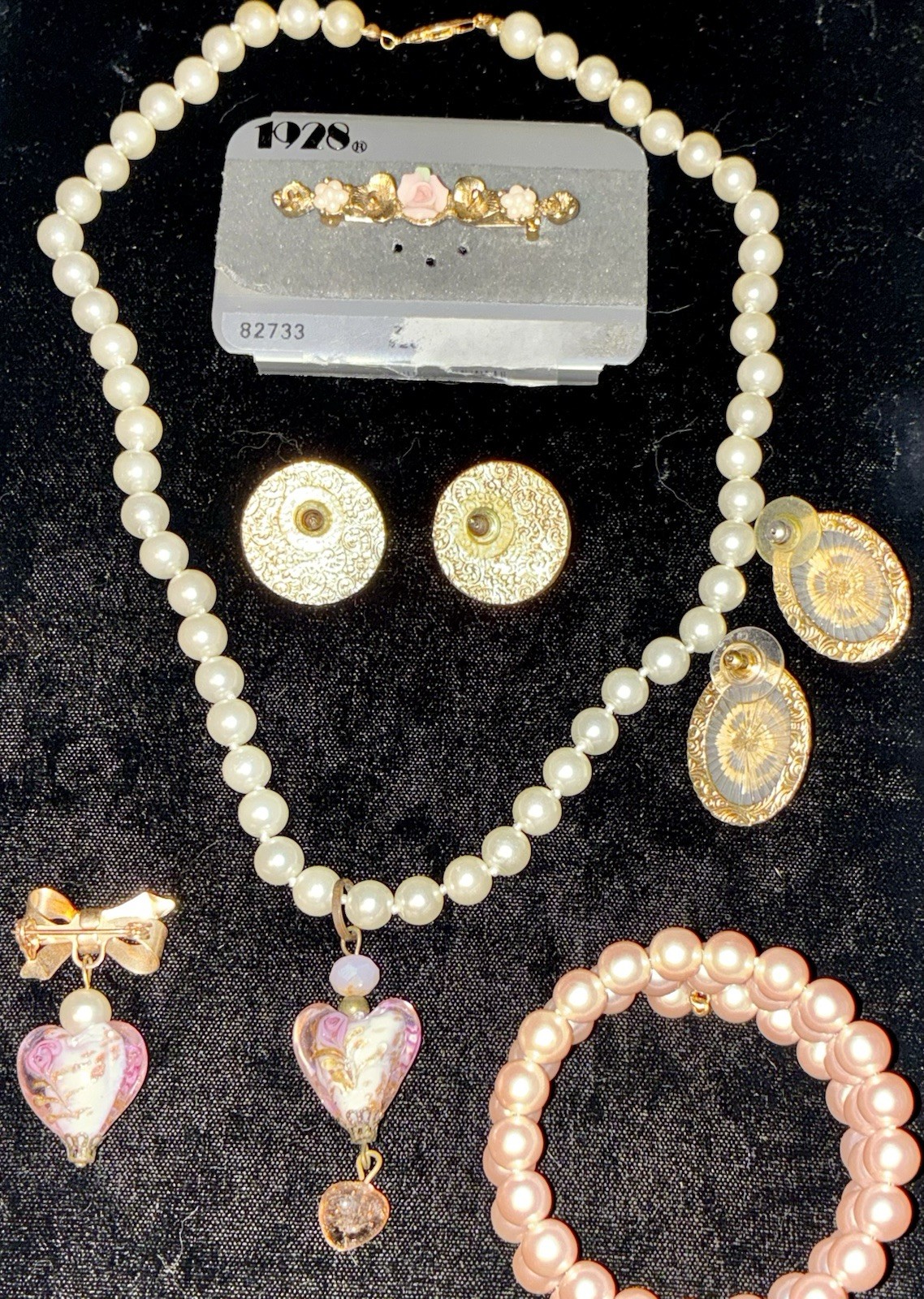 Vintage Romantic Jewelry Lot 1928 NOS Brooch Rose Earrings Pearls Necklace Etc