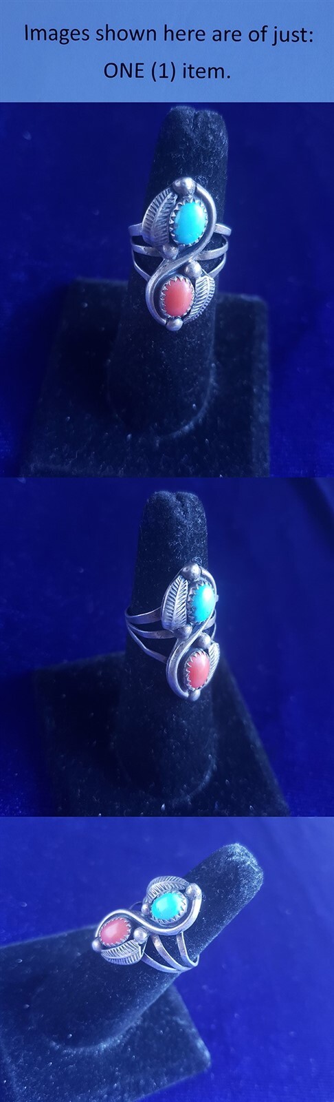 Native Indian Sterling Silver Feather Turquoise & Coral Size 7.5 Ring 25ri508