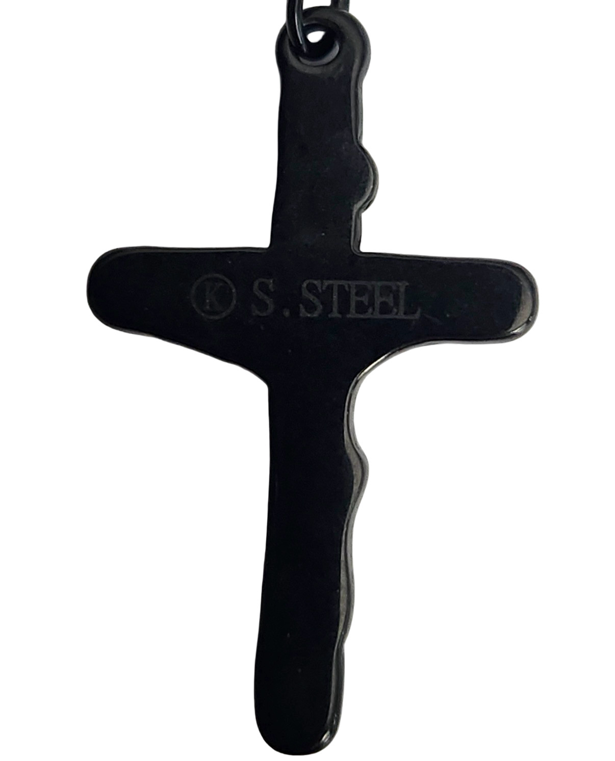 PURE LUX BLACK STAINLESS STEEL ROSARY CROSS NECKLACE – 24″