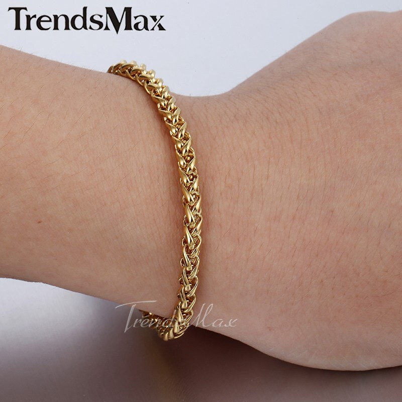 3.5mm 7″ Men Women Chain Gold Plated Stainless Steel Braided Wheat Link Bracelet