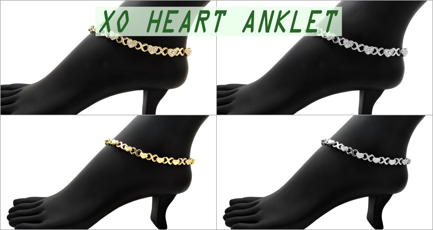 Women’s Stone Filled Heart XO Chain 7mm 10″,11″,12″ Anklet Ankle Bracelet RAK115