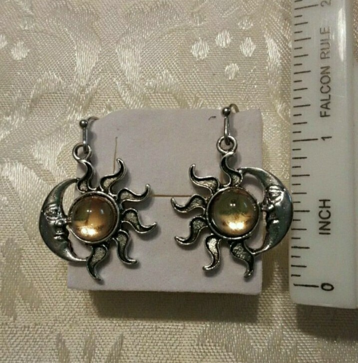 Sun, Moon, Celestial, Gold Orb Cabochon Crystal Dangle earrings