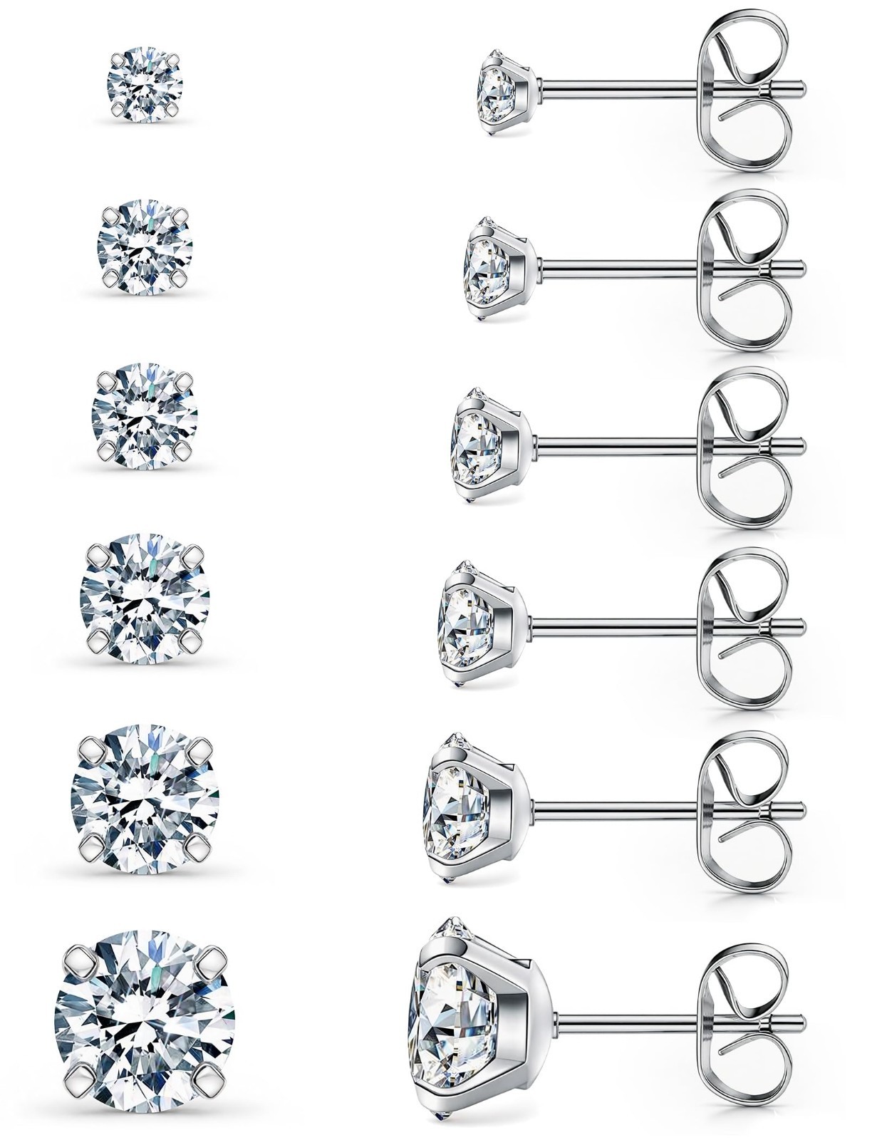 6 Pairs Stud Earrings Set Hypoallergenic Cubic Zirconia 316L A-001-silver