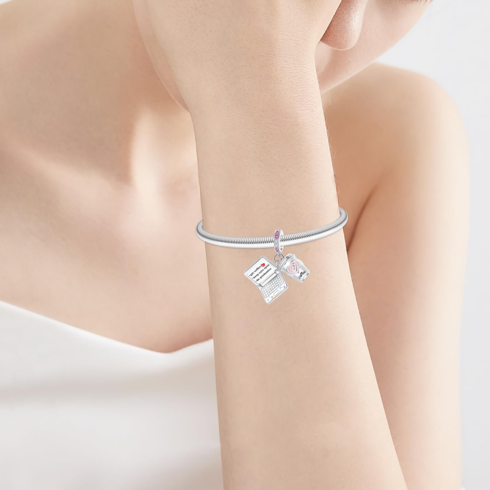 Coffee Cup Computer Charm 925 Sterling Silver Charms Fits Women’s Bead Bracel…