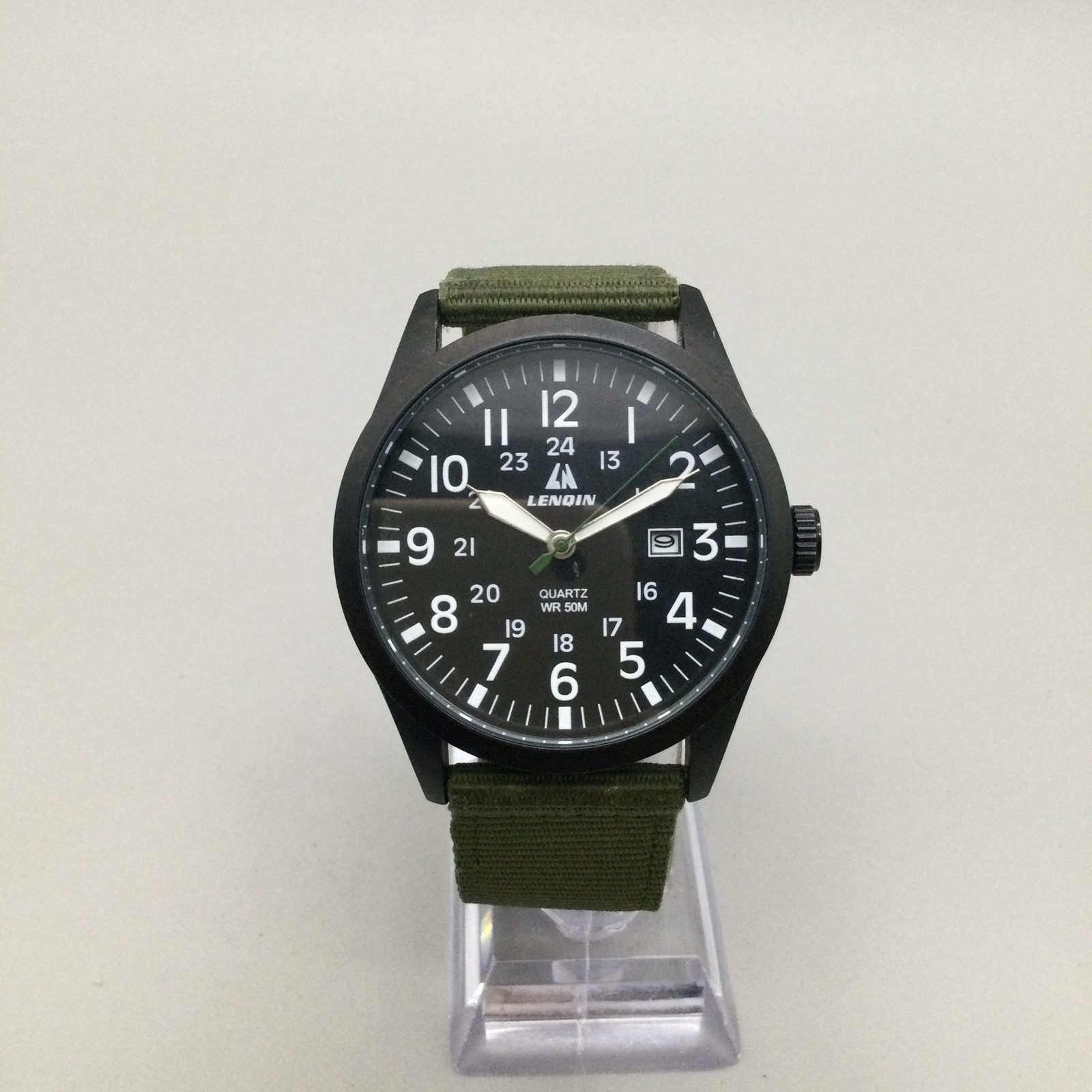Lenqin Watch Mens 40mm Black Case Olive Green Nylon Band Date WR 50M