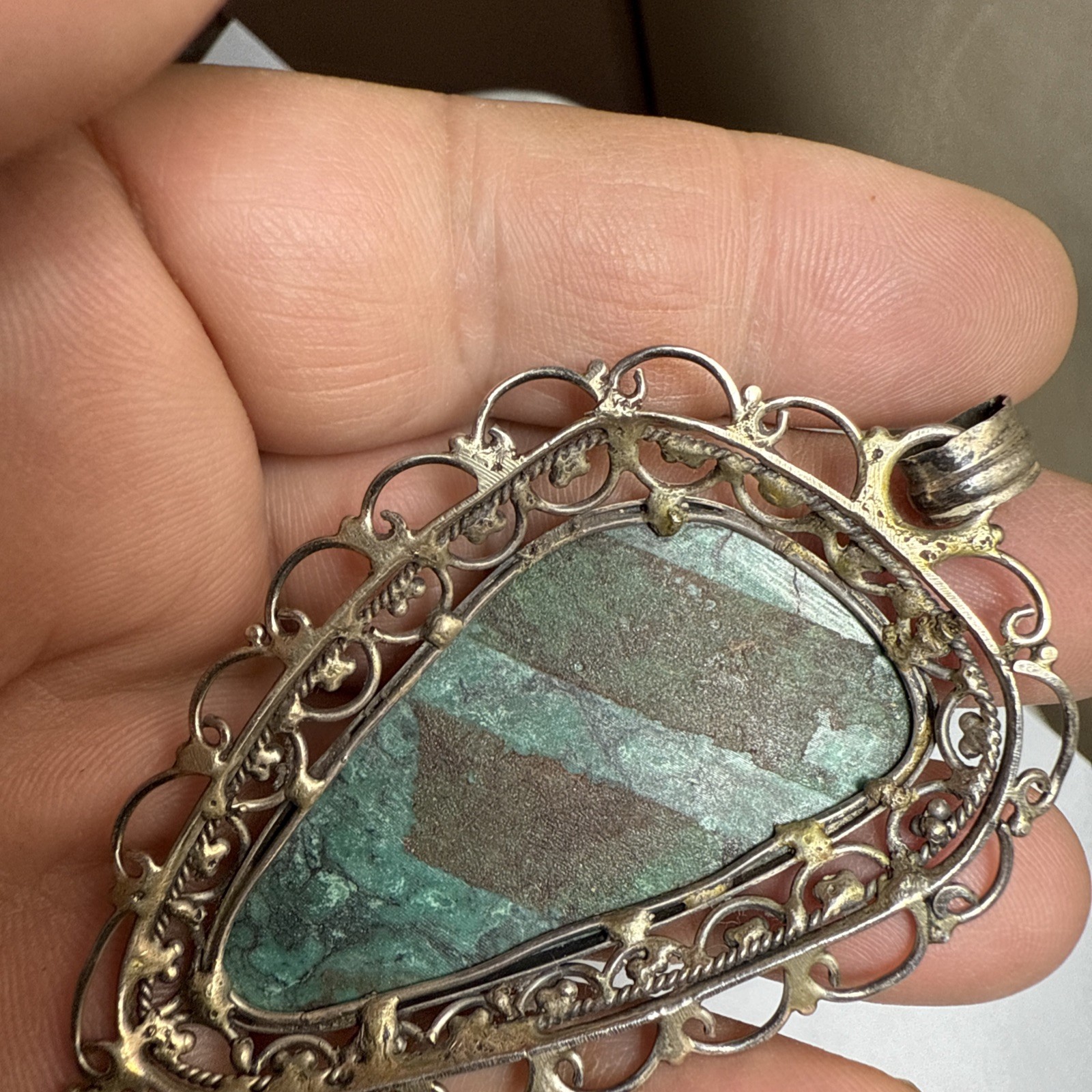 Israel Eilat Stone Pendant Handmade Vintage Filigree Big Stone