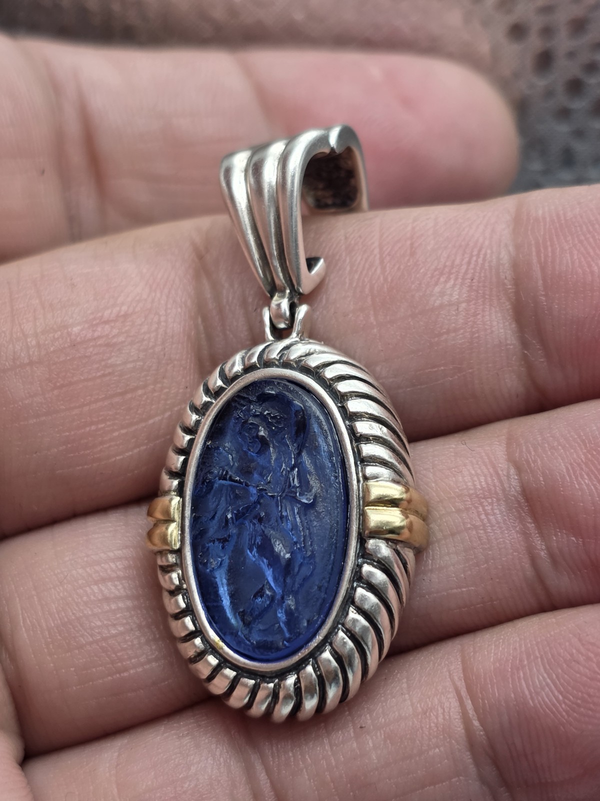 PHILLIP GABRIEL MENEGATTI 18K GOLD STERLING SILVER BLUE WOMAN GLASS PENDANT