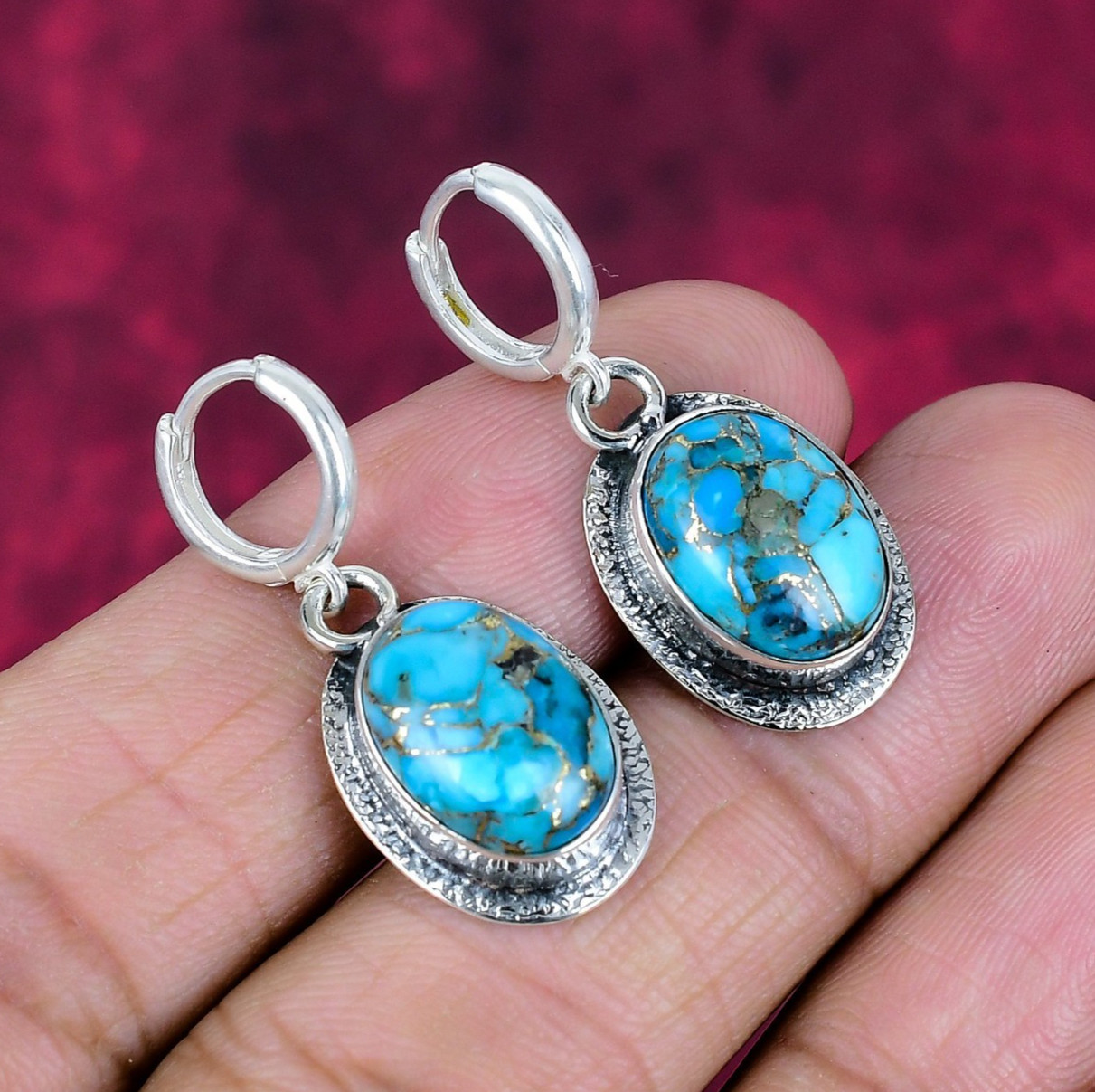 Blue Copper Turquoise Gemstone Handmade Jewelry 925 Sterling Silver Earrings