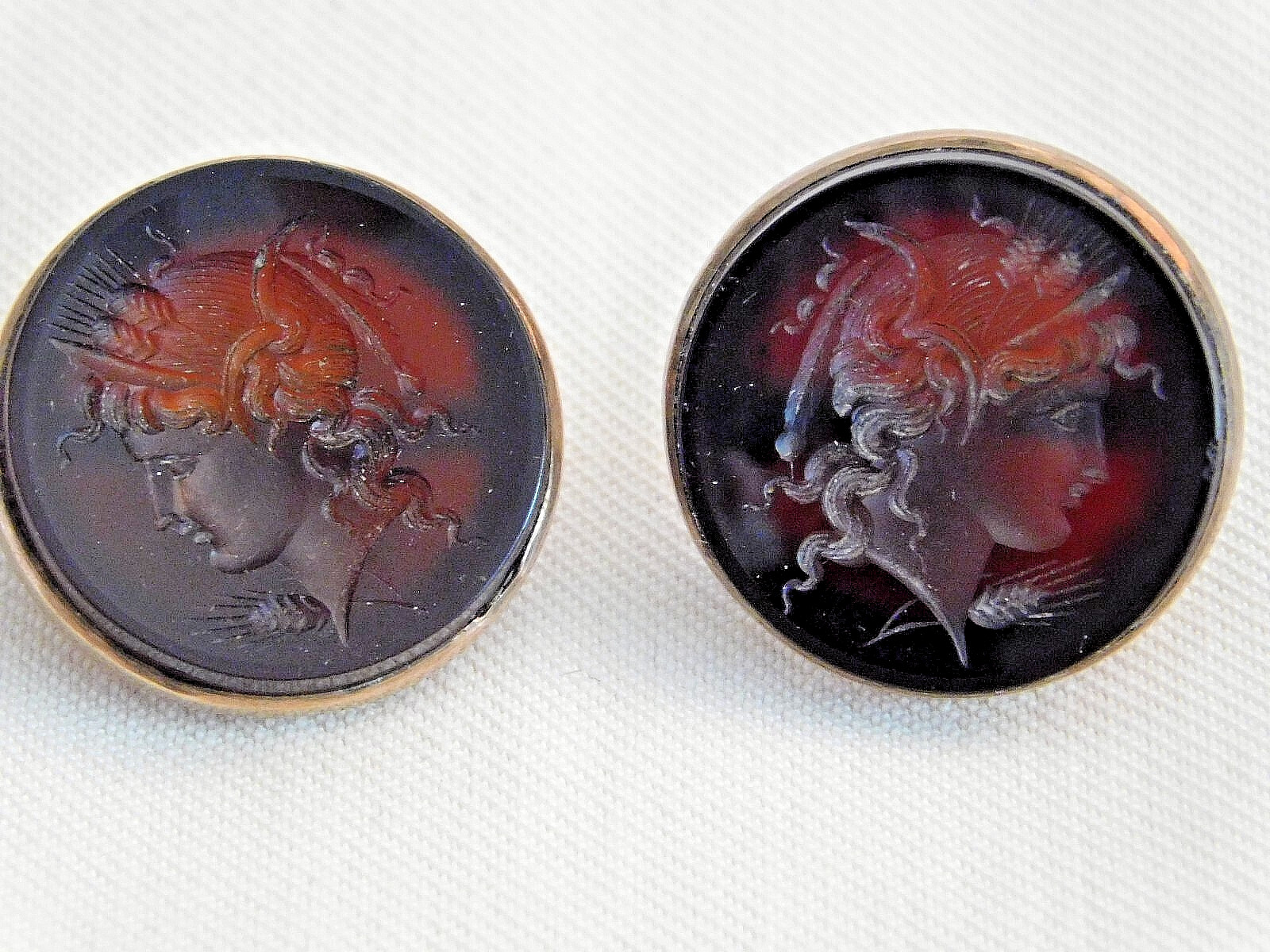 AMAZING Edwardian RENAISSANCE REVIVAL CARVED CARNELIAN CUFFLINKS, GODDESS, 1900