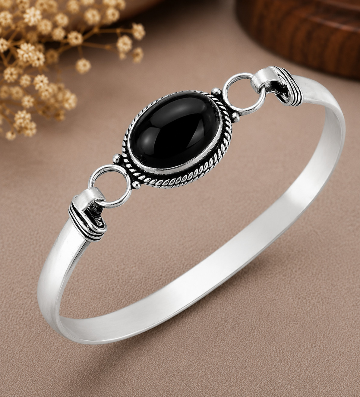 925 Sterling Silver Black Onyx Cuff Bangle Bracelet Handmade Oval Gemstone Gift