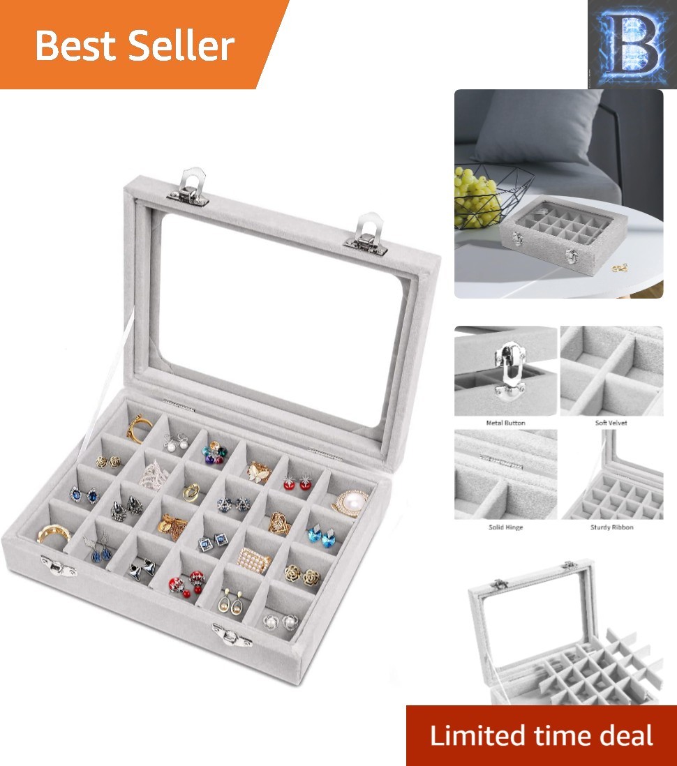 Adjustable Velvet Jewelry Box – 24 Grid Organizer for Rings & Earrings – Grey