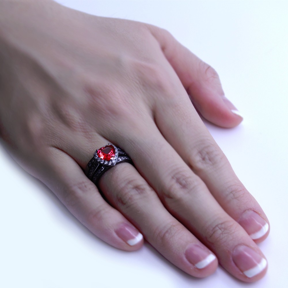 3 Pcs Women’s 925 Sterling Silver Simulated Ruby Bridal Wedding Ring Band Set