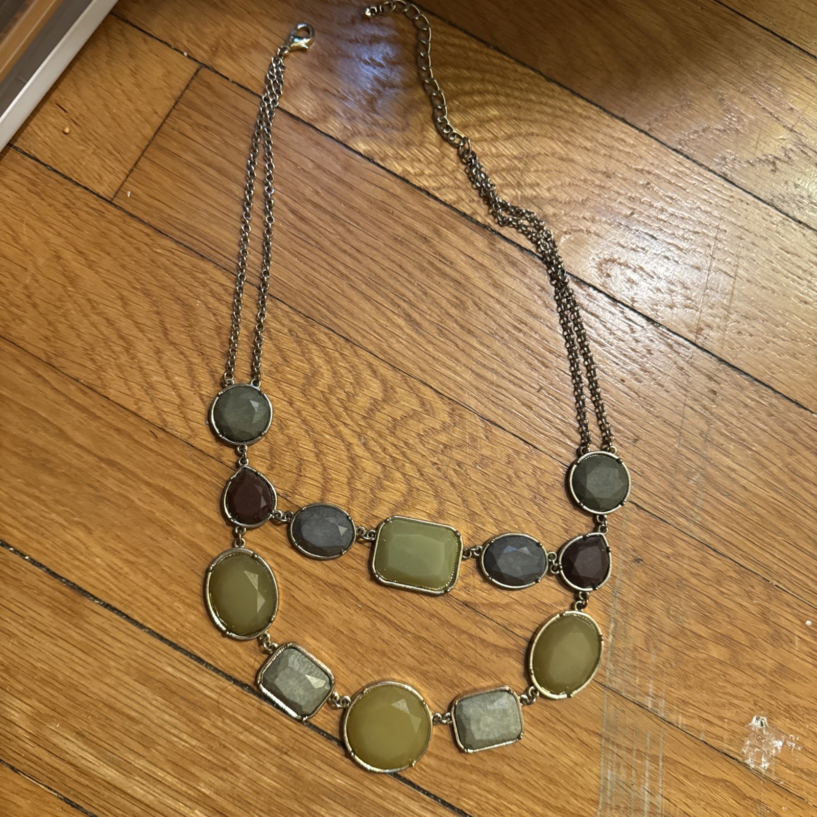 Charming Charlie Bib Statement Necklace 18″+ Muted Jewel Tones Gold, Moss, Plum