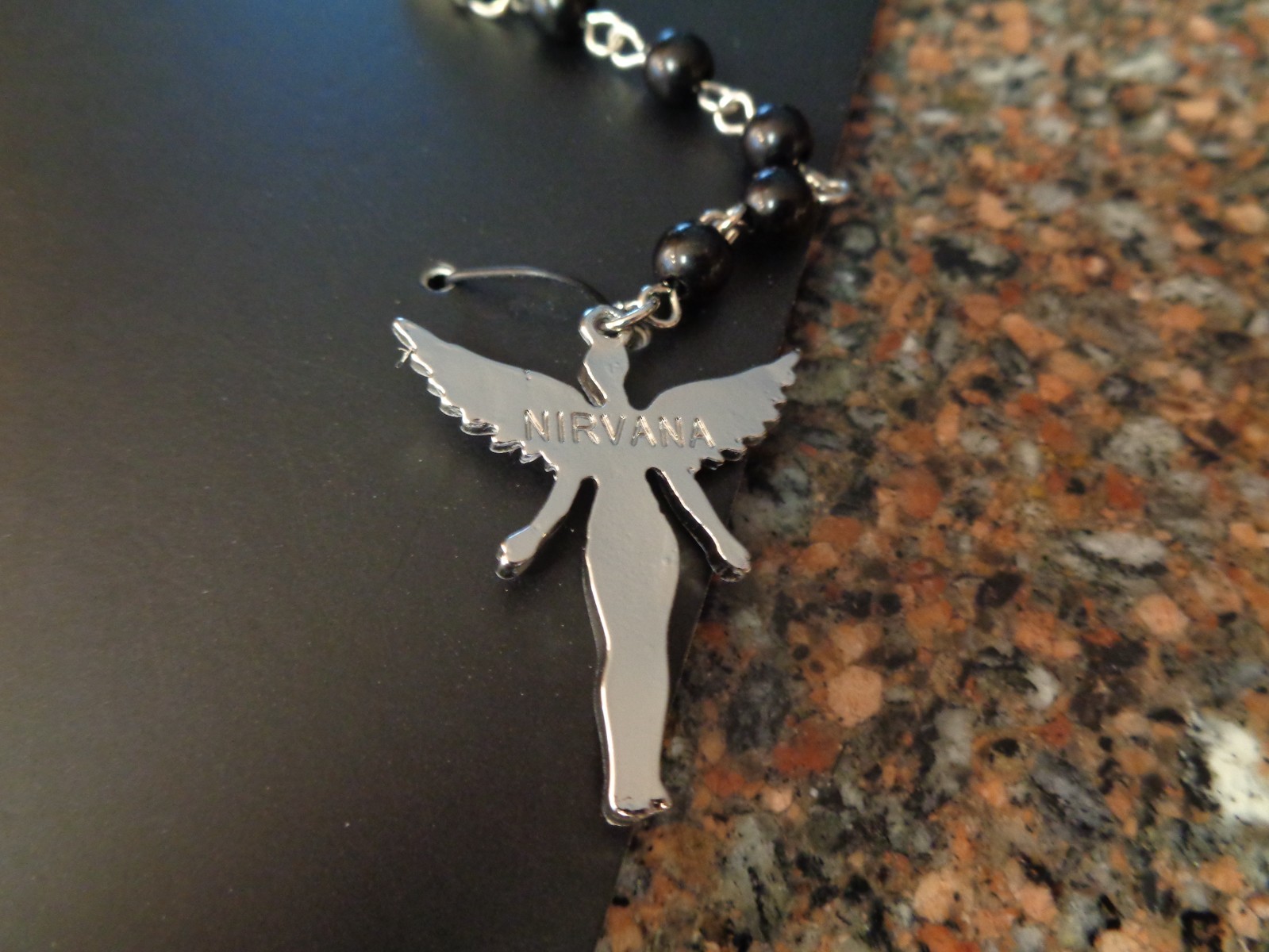 Nirvana In Utero Angel Rosary Necklace Black Bead Pendant Heart Cobain Brand New