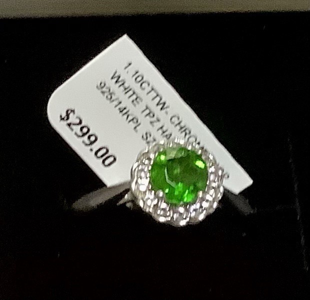 REAL NATURAL GREEN CHROME DIOPSIDE & WHITE TOPAZ HALO RING SILVER