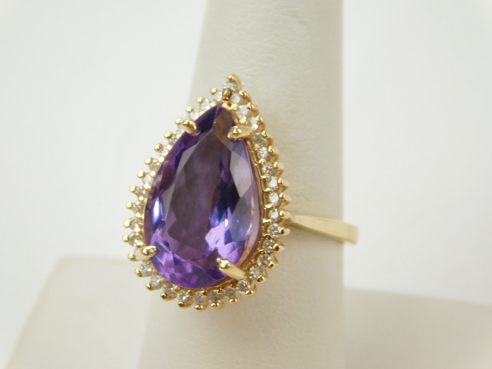 18×10.8mm Pear Cut Lab Created Amethyst Diamond Halo 14k Gold Sz 8 Cocktail Ring