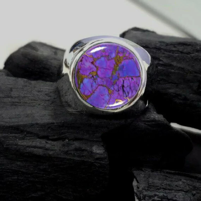Solid 925 Sterling Silver AA Natural Purple Copper Turquoise Gemstone Men’s Ring