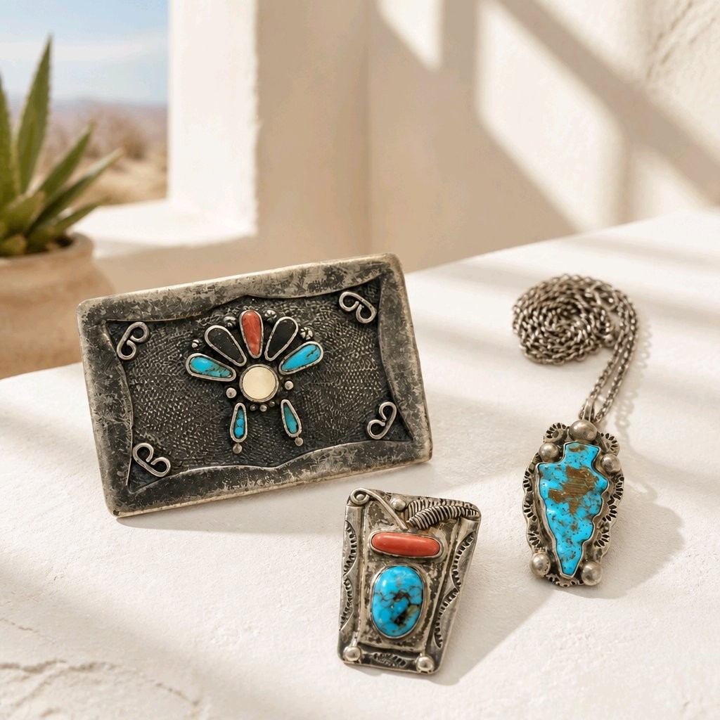 Vtg 1970s Navajo Sterling Silver Turquoise Coral Buckle Pendant Set Signed Begay