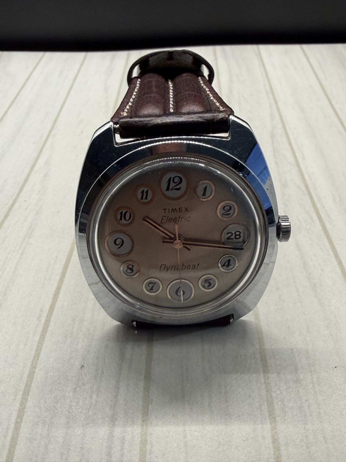 Vintage 70s Timex Electric Dynabeat Telephone Dial Cushion NEW Brown Leather