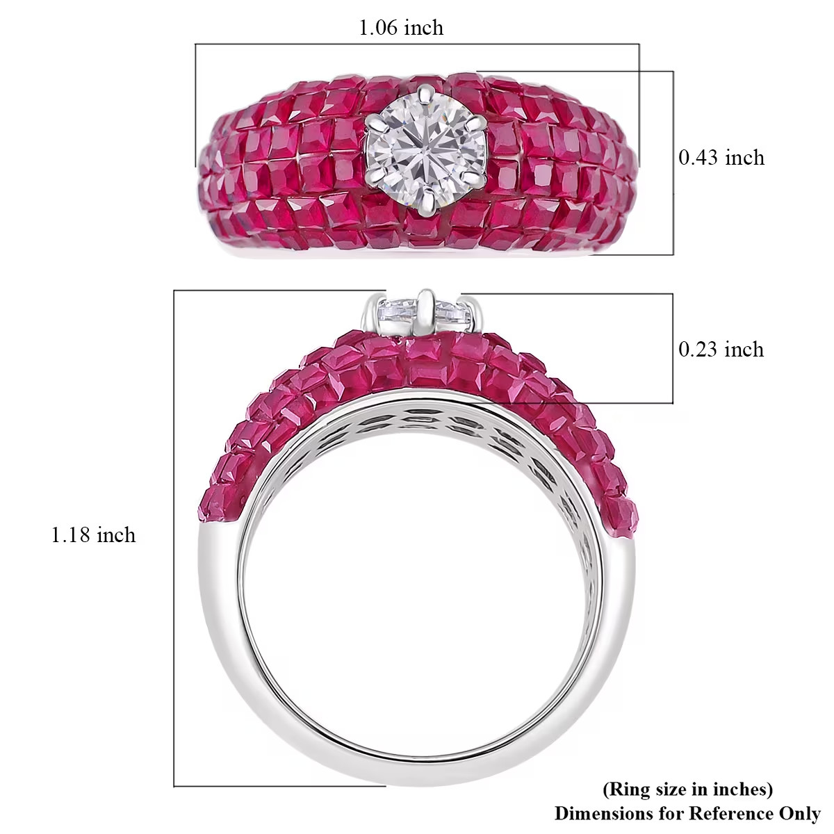 Simulated White and Ruby Color Diamond Dome Ring in Rhodium Over Sterling Sz 8