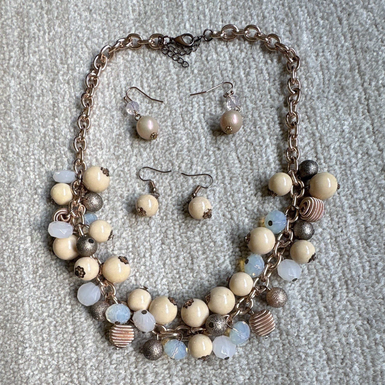 Glass Beaded Jewelry Set Necklace & Dangle Earrings Round Beige White Silver