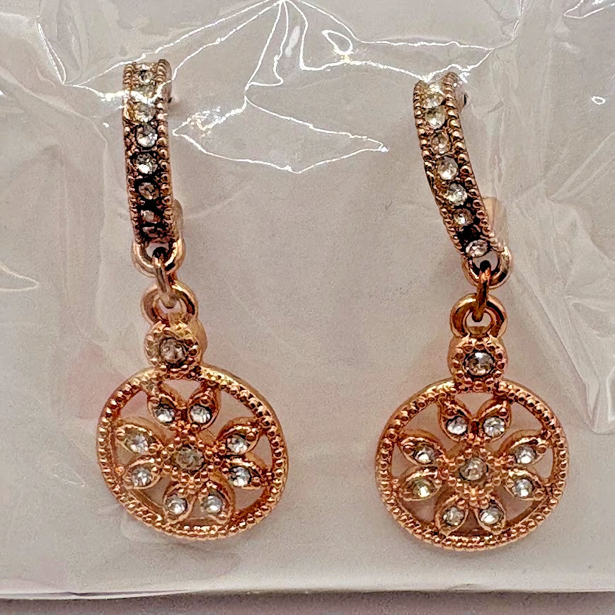 Avon Rose Gold Tone Clear Crystal Medallion Drop Dangle Earrings in Gift Box NIB