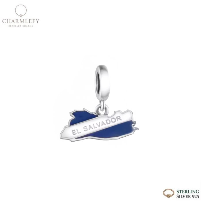 Genuine Sterling Silver 925 El Salvador Map And Flag Bracelet Charm